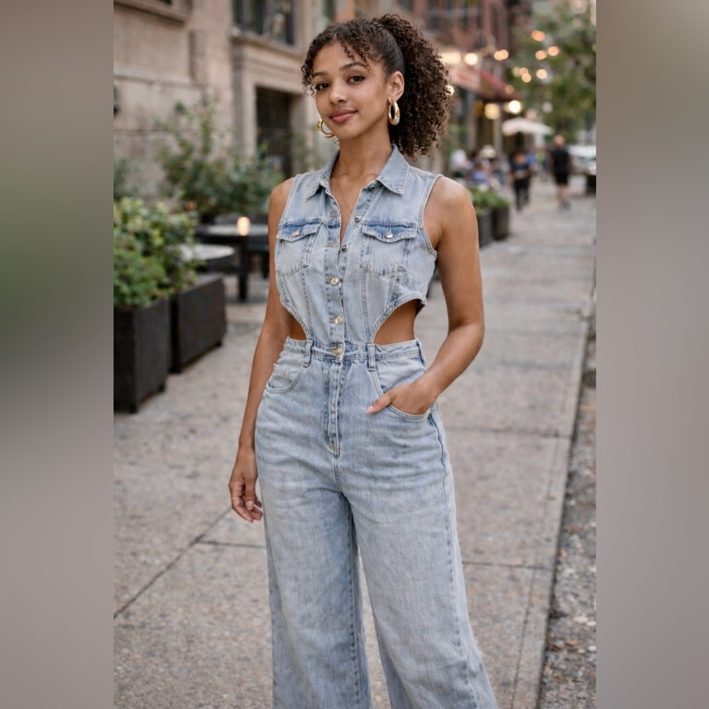 Fashion Nova Light Wash Cutout Denim Jumpsuit - Picture 2 of 10